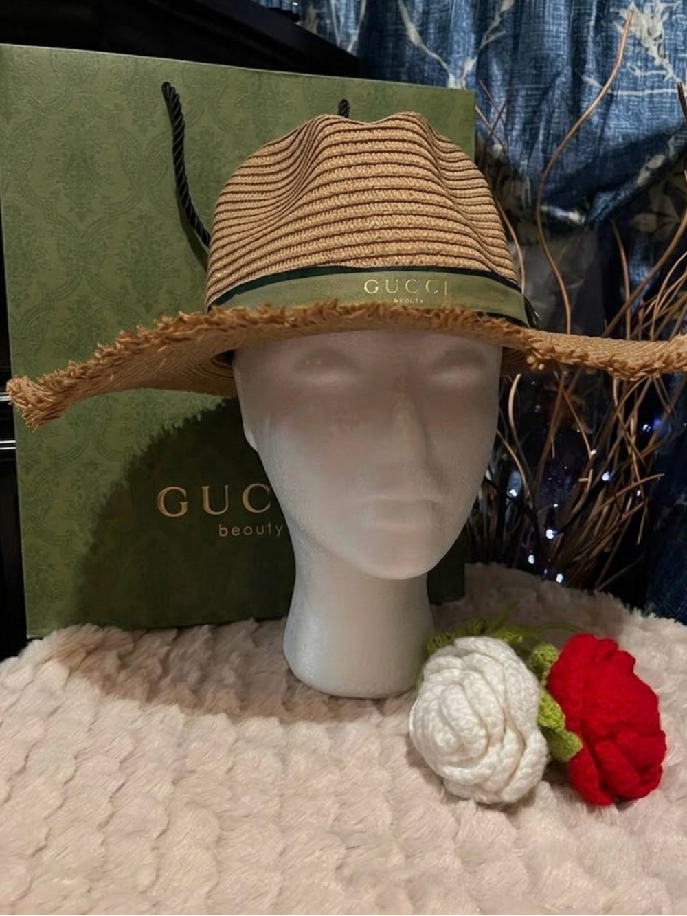 nwt AUTHENTIC GUCCI ribbon; customized Natural Straw Hat